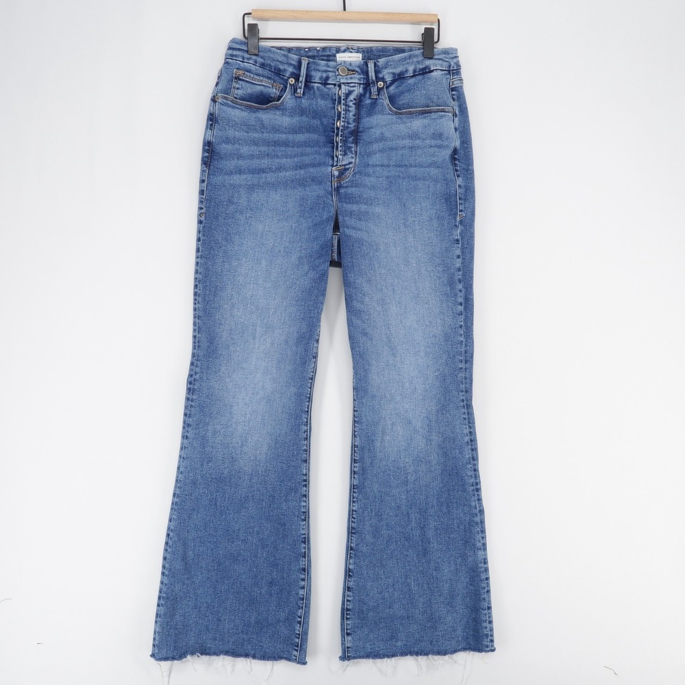 Good American Good Legs Jeans Womens 15 Blue Flare High Rise Button Fly Raw Hem